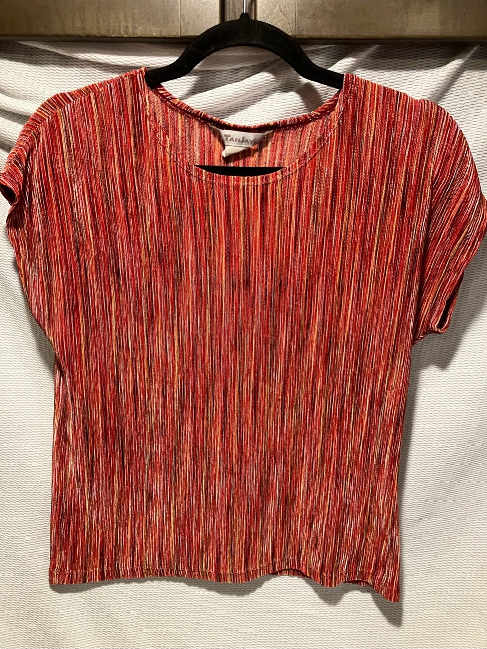 TanJay Red Multi-Stripe Short Sleeve Knit Top